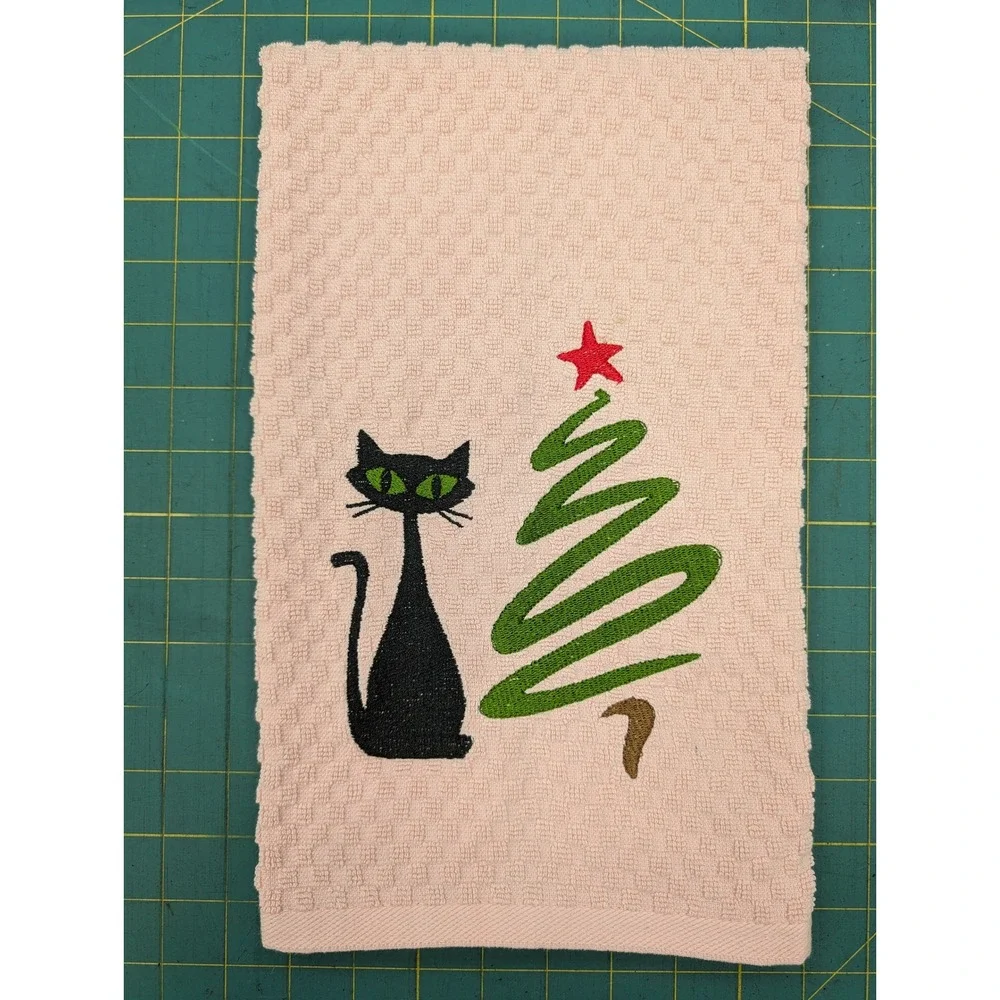 Christmas Swirl Tree Retro Cat Mid Century Modern Atomic Kitchen Bath Hand Towel